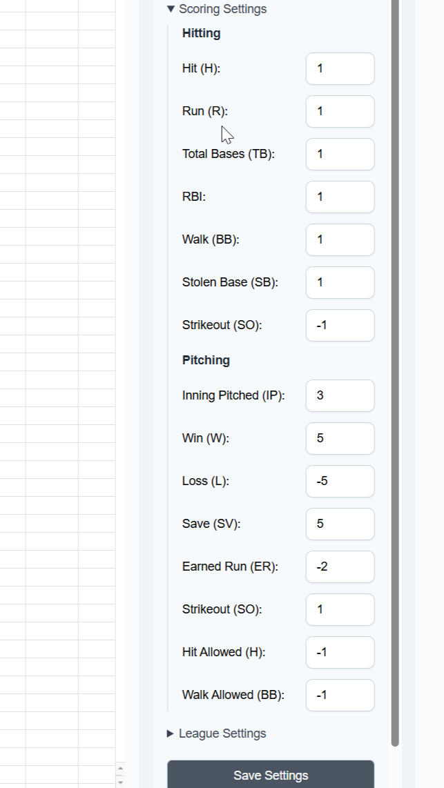 Custom Fantasy Scoring Settings Custom Fantasy Scoring Settings